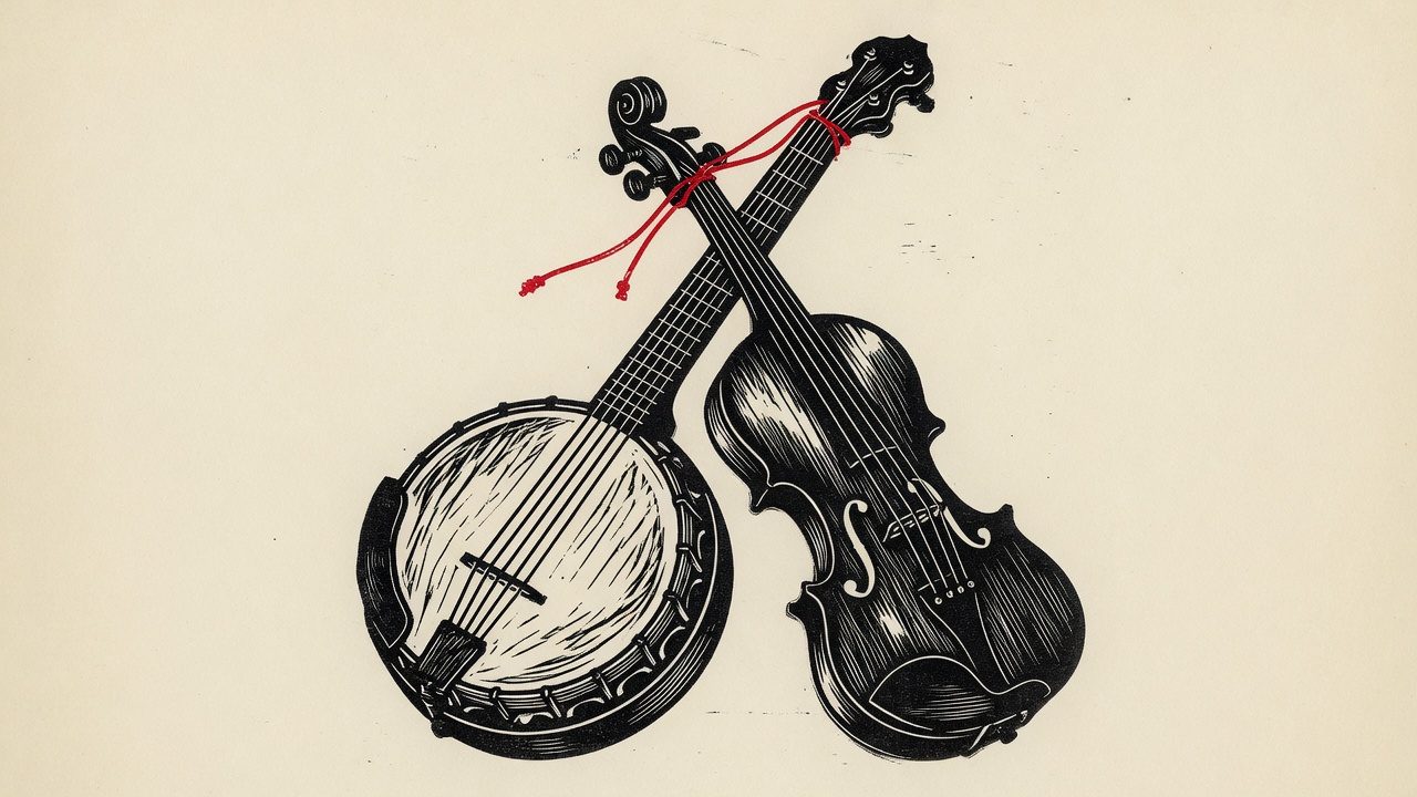 Woodcut of a five-string banjo and a fiddle leaning together, with a red cord on the banjo neck.
