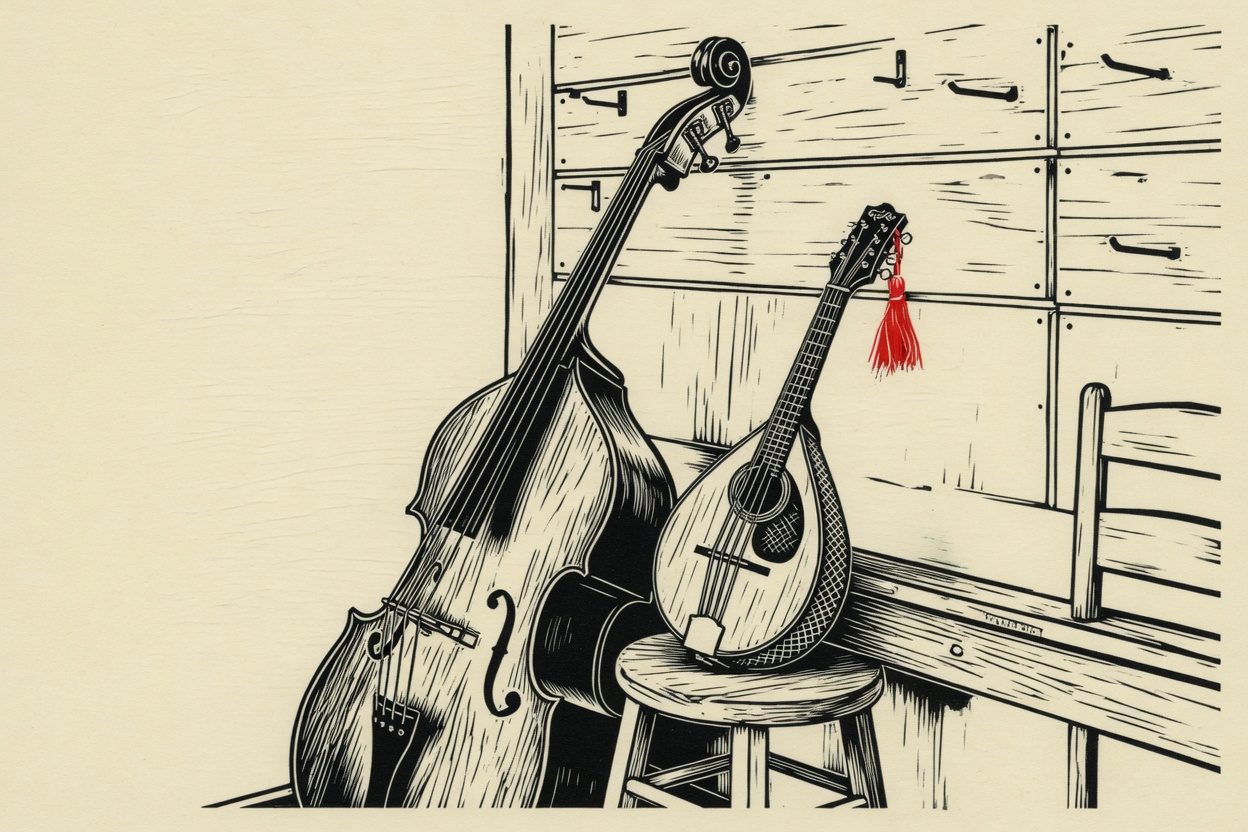 Woodcut of an upright bass and a mandolin in a quiet shop corner, with a red tassel on the mandolin.